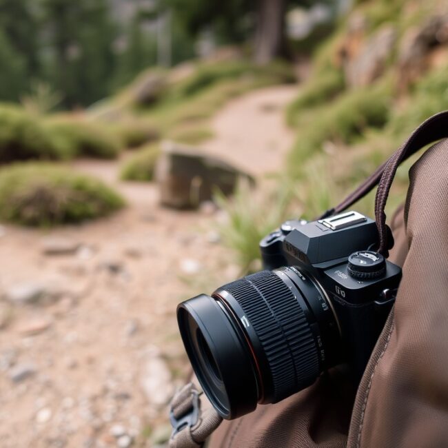 A close-up of a camera strap resting on a backpack beside a trail.