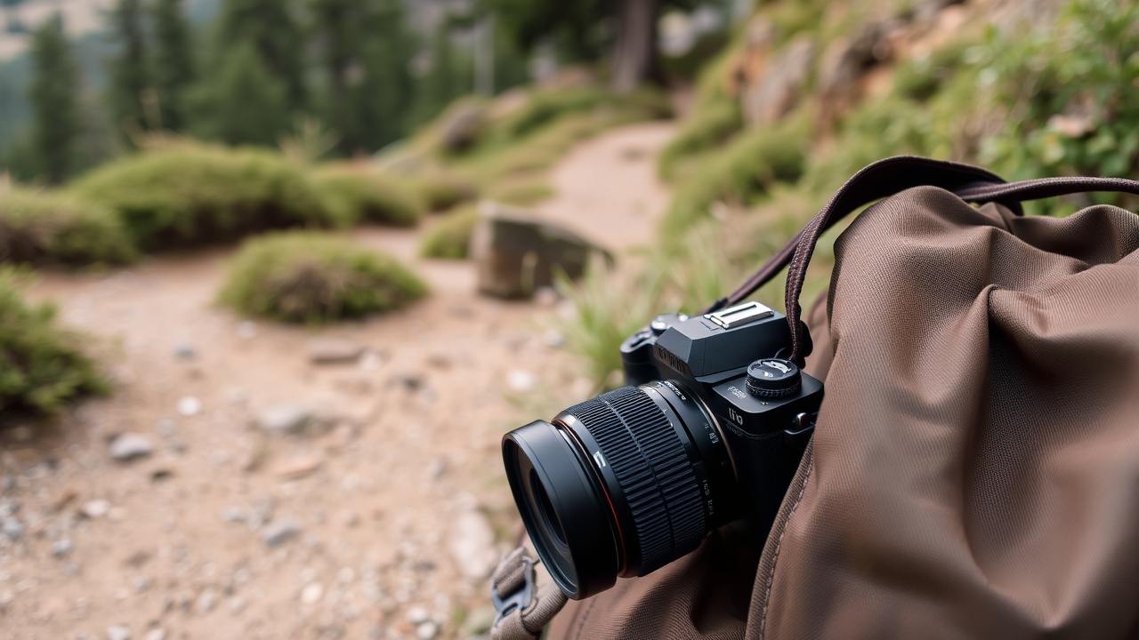 A close-up of a camera strap resting on a backpack beside a trail.