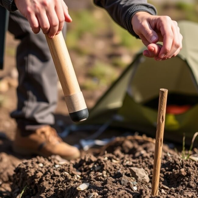 A backpacker using a hammer to drive a tent stake into the soil.