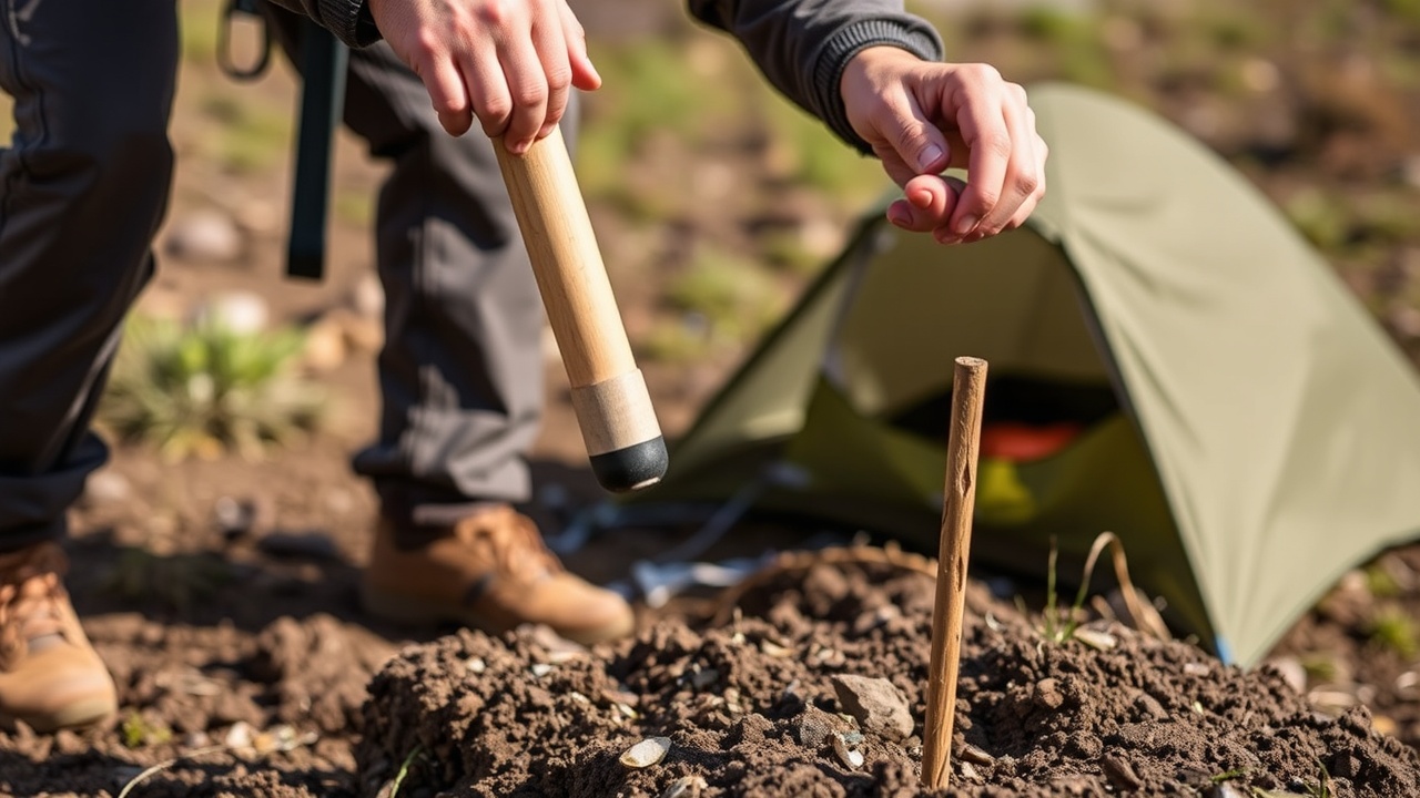 A backpacker using a hammer to drive a tent stake into the soil.