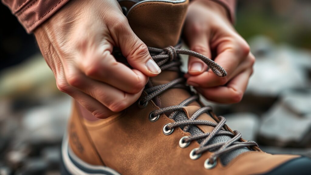 A close-up of hands tying shoelaces on a sturdy hiking boot.