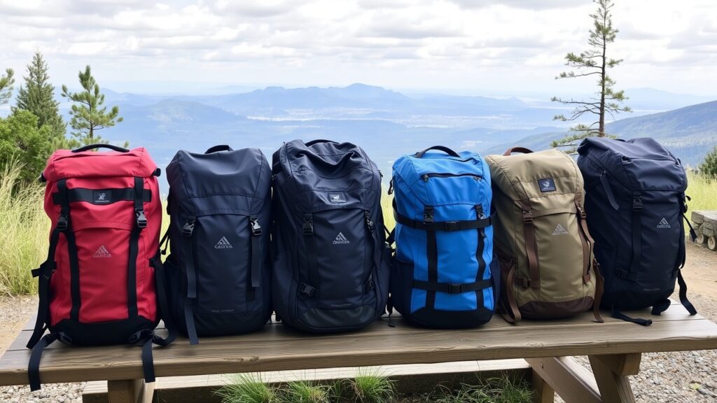 Several daypacks are lined up on a picnic table with a scenic view behind them.