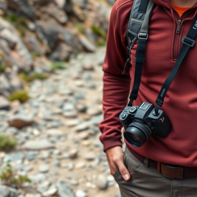 A hiker stands on a rocky trail with a camera strapped to their chest.