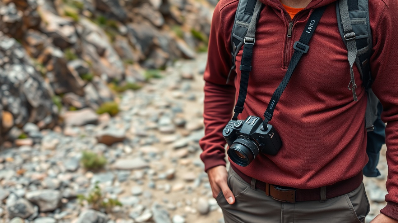 A hiker stands on a rocky trail with a camera strapped to their chest.