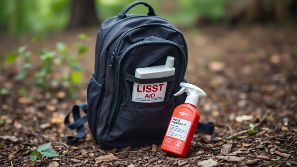 A backpack with a first aid kit and insect repellent on the ground.