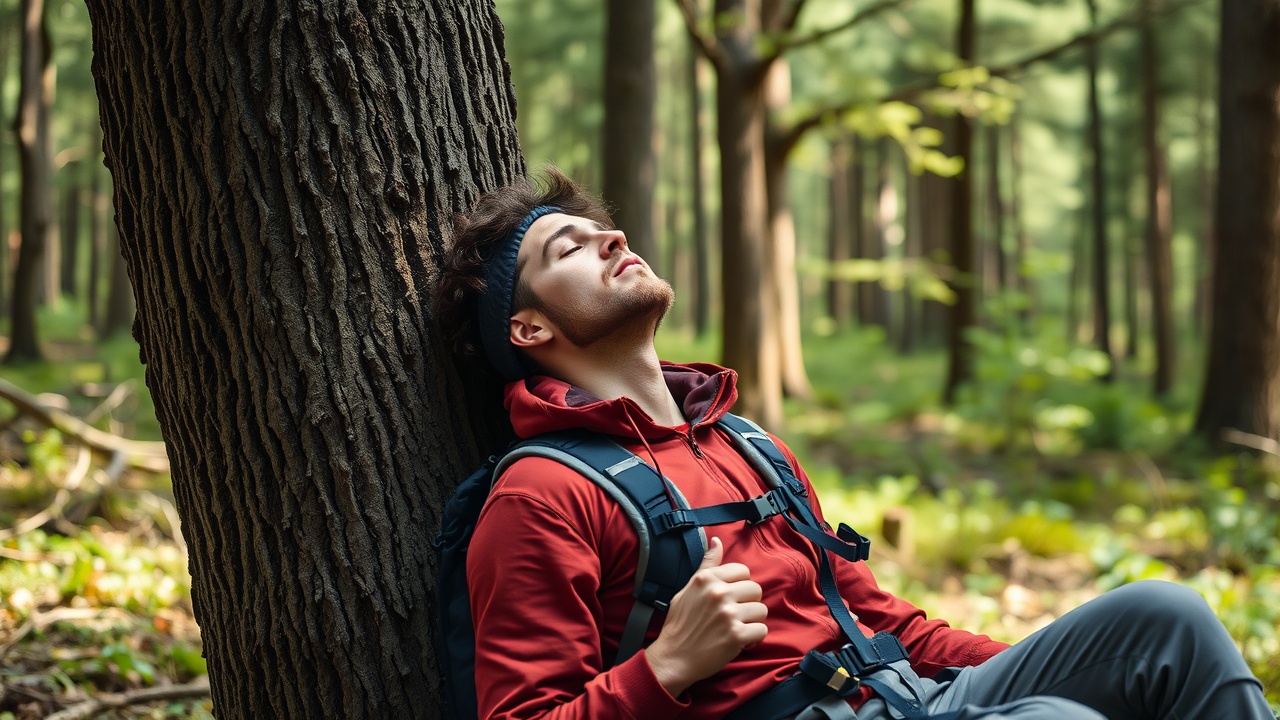 Man sitting under tree during hiking