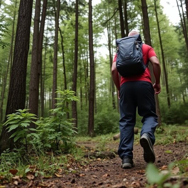 A hiker walks through a forest wearing black waterproof rain pants.