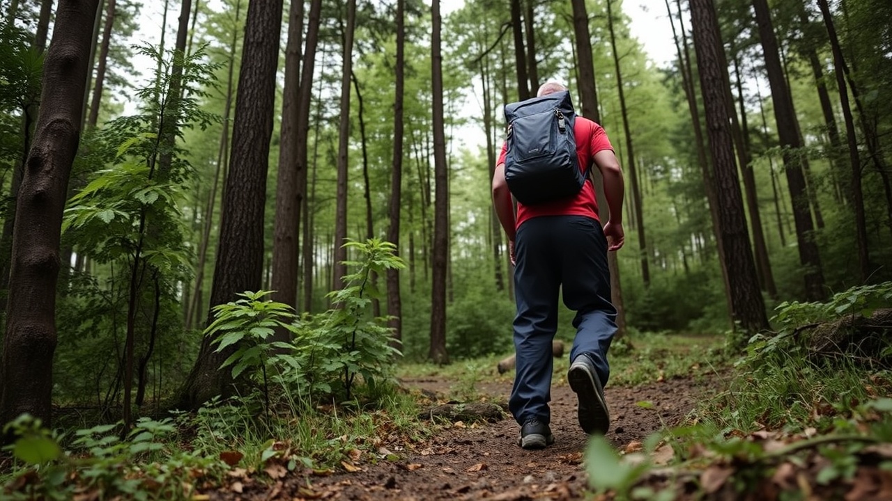 A hiker walks through a forest wearing black waterproof rain pants.