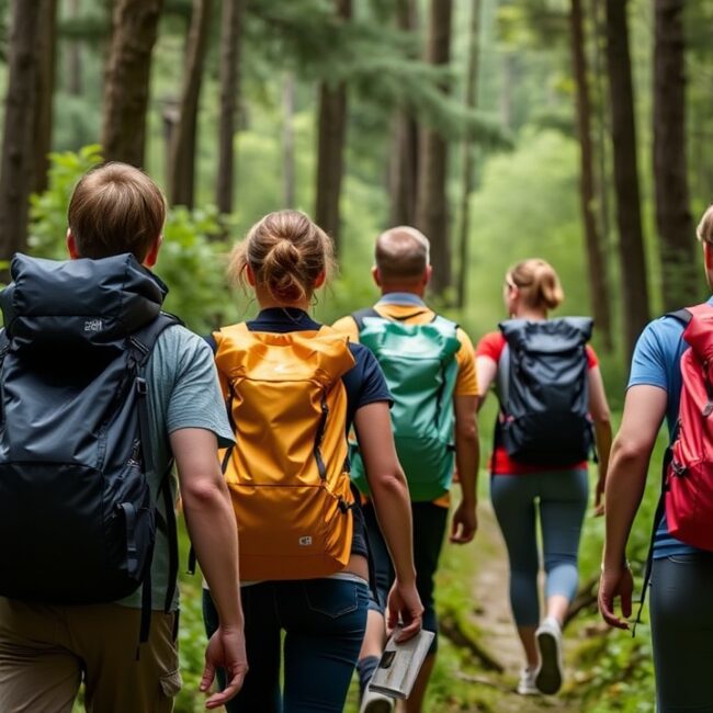 A group of hikers walks through a lush forest, each carrying a colorful waterproof backpack.