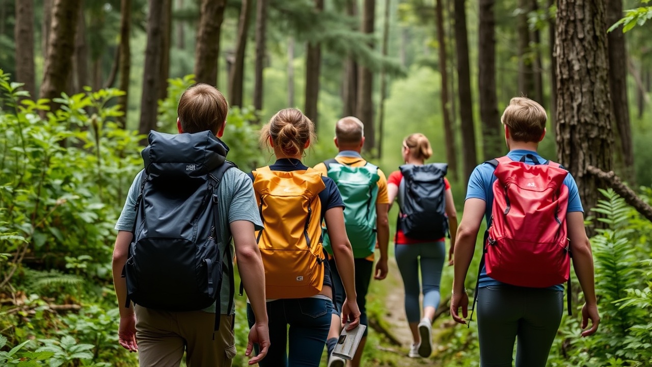 A group of hikers walks through a lush forest, each carrying a colorful waterproof backpack.