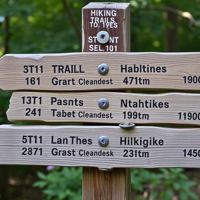 A wooden signpost listing different hiking trails and their distances.