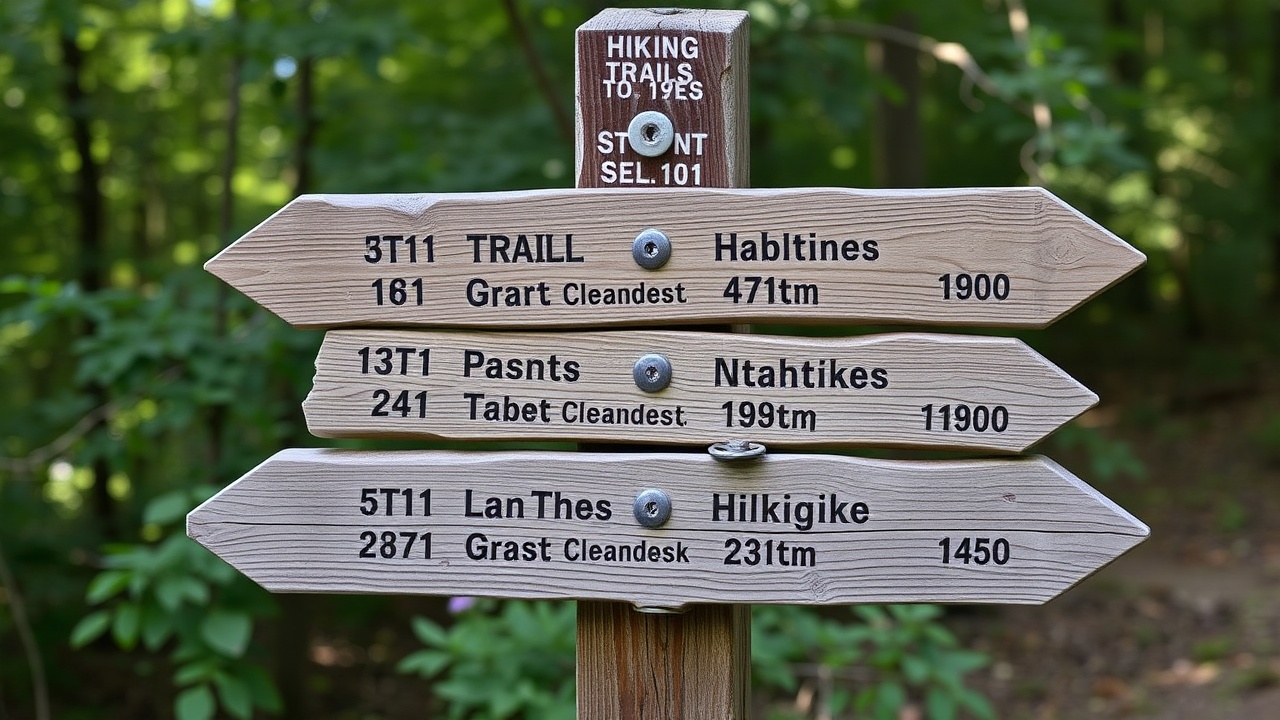 A wooden signpost listing different hiking trails and their distances.