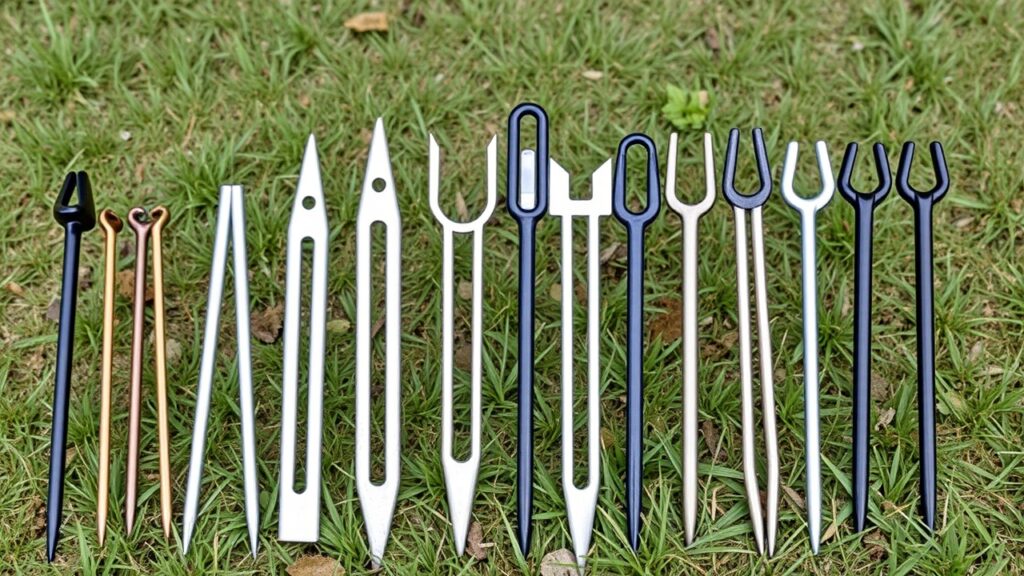 Several different types of tent stakes are arranged in a row for comparison.