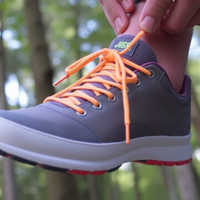 A shoe with bright laces being tightened against a backdrop of trees.