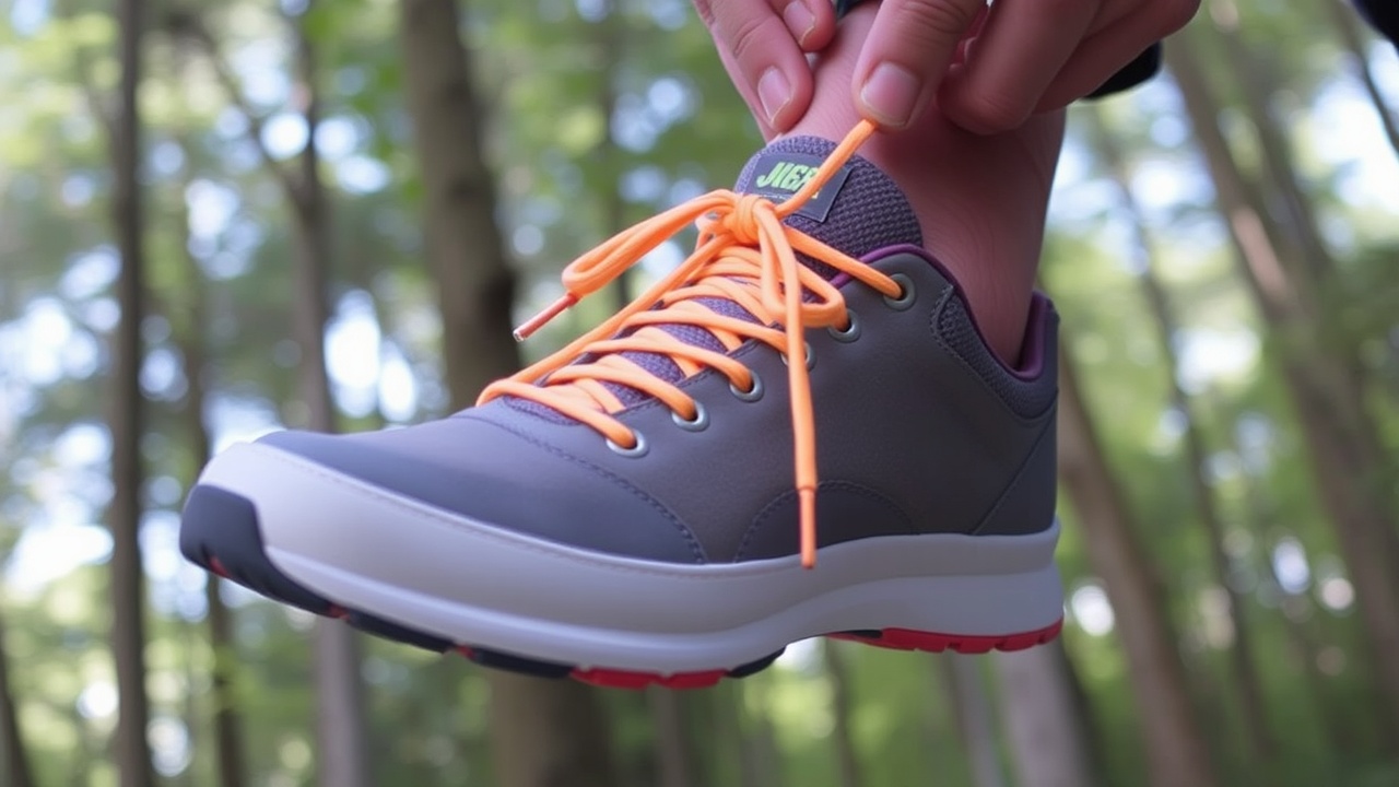 A shoe with bright laces being tightened against a backdrop of trees.