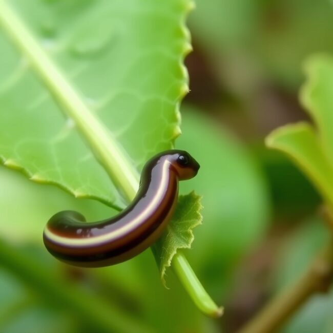 A close-up of a leech on a leaf beside a hiking path.