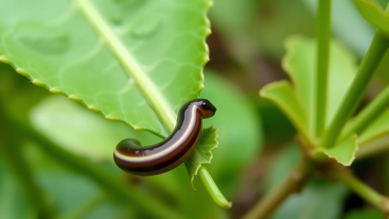 A close-up of a leech on a leaf beside a hiking path.