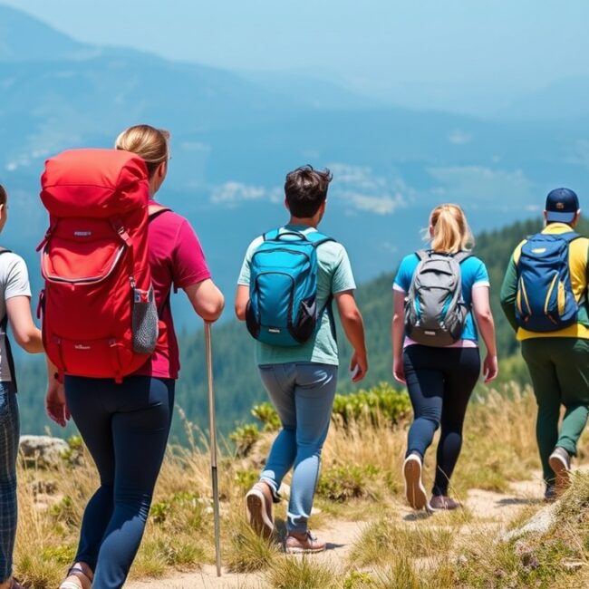 A group of friends walking on a mountain trail, each carrying a different daypack.