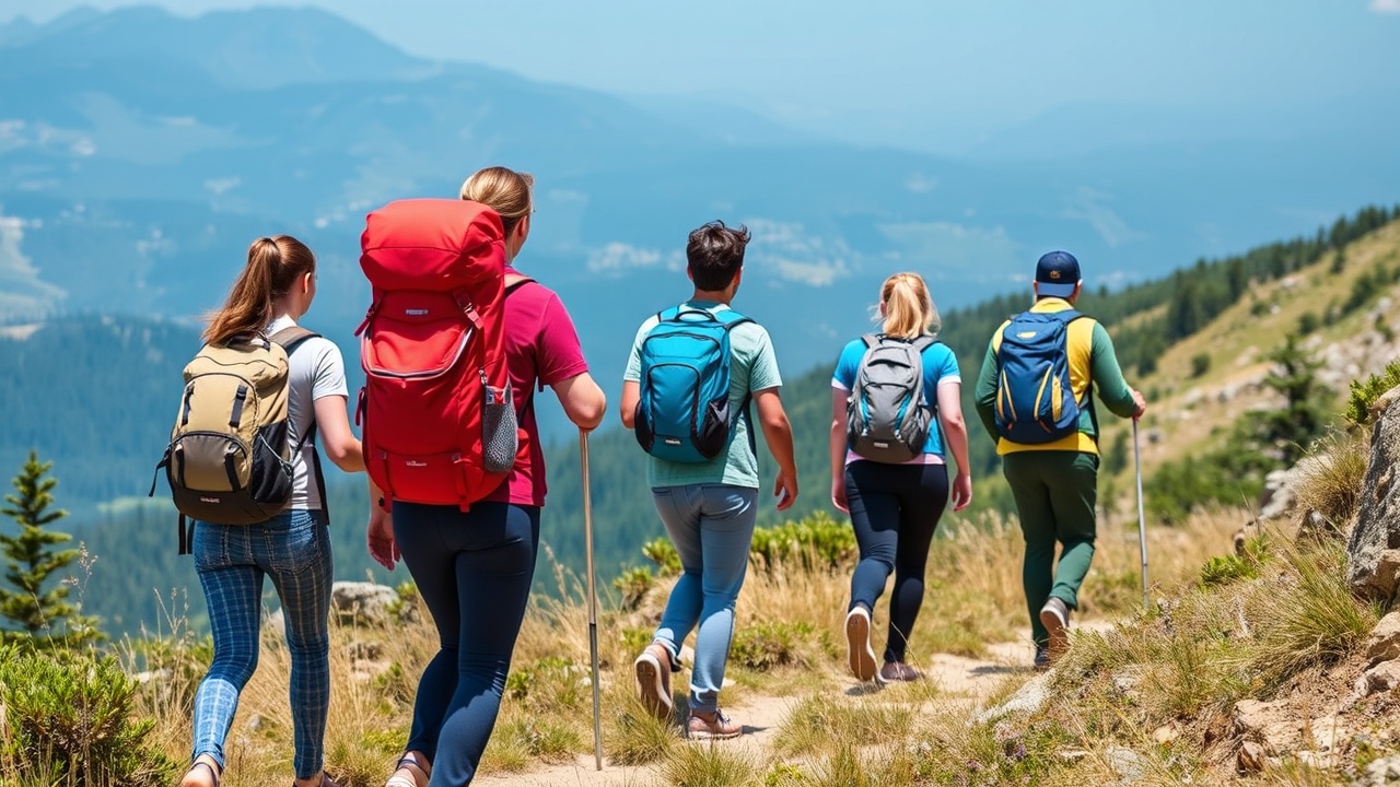 A group of friends walking on a mountain trail, each carrying a different daypack.