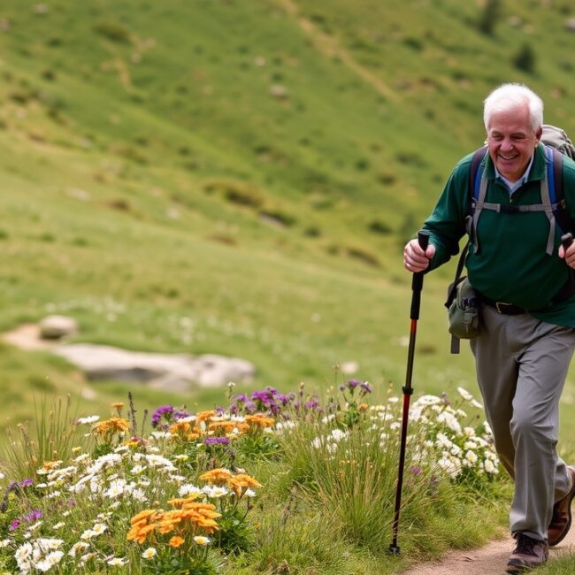 An older man uses trekking poles while hiking up a gentle hill with wildflowers nearby.