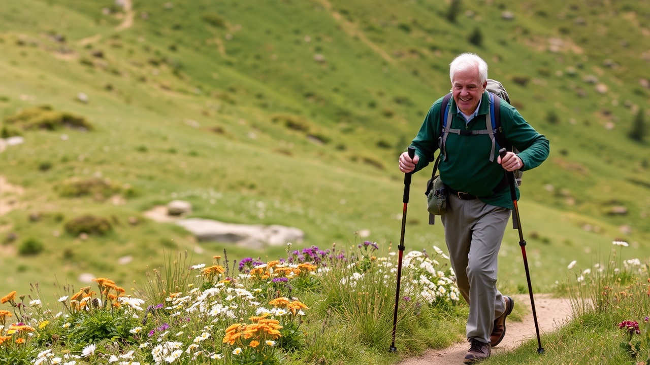 An older man uses trekking poles while hiking up a gentle hill with wildflowers nearby.