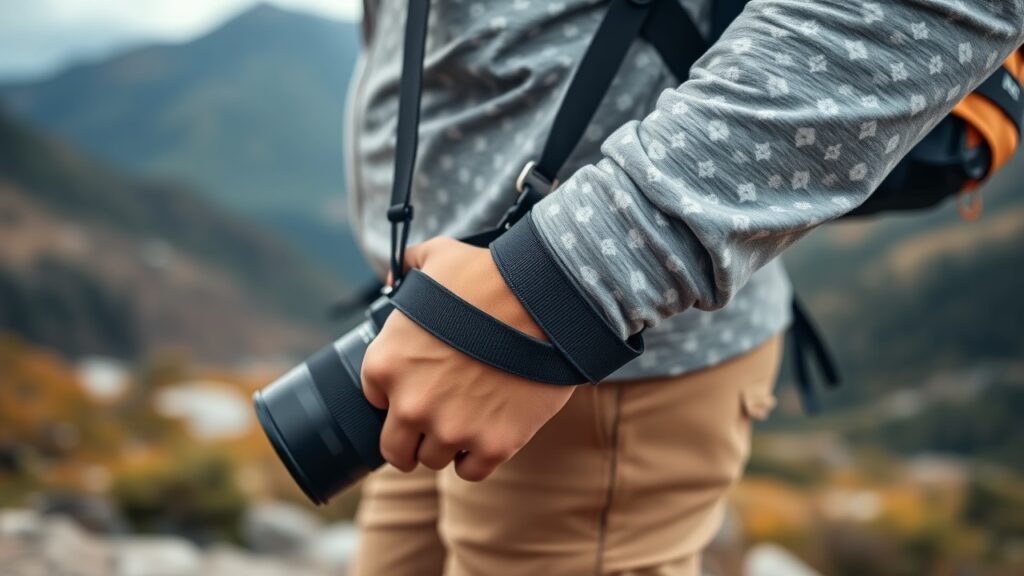 A hiker using a camera strap wrapped around their wrist.