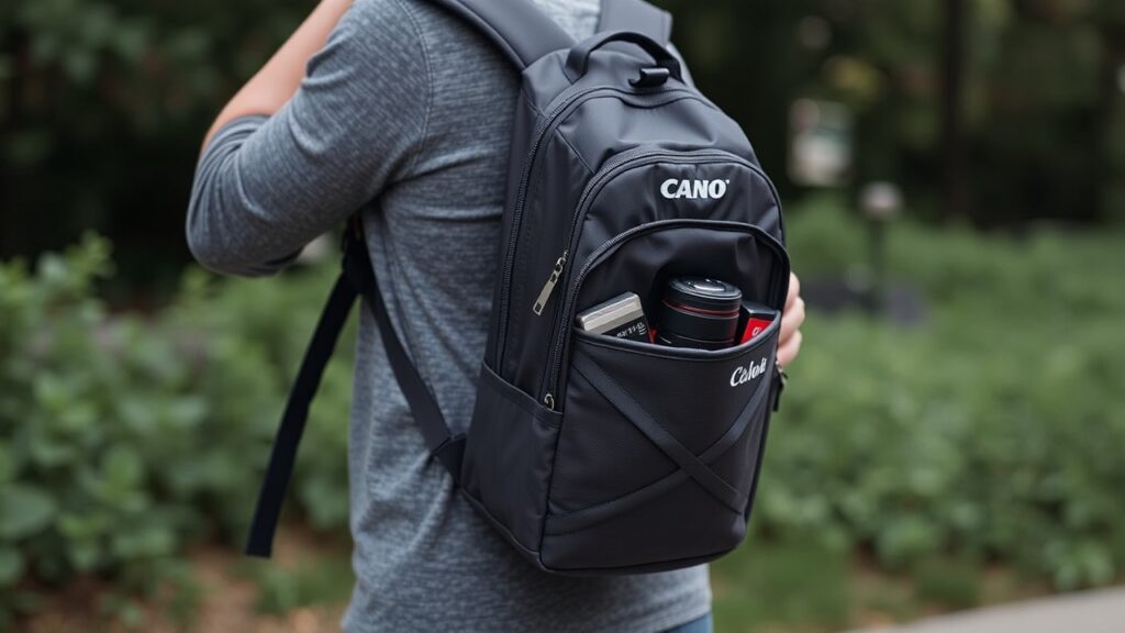 A person uses a camera backpack with a side pocket for easy access.