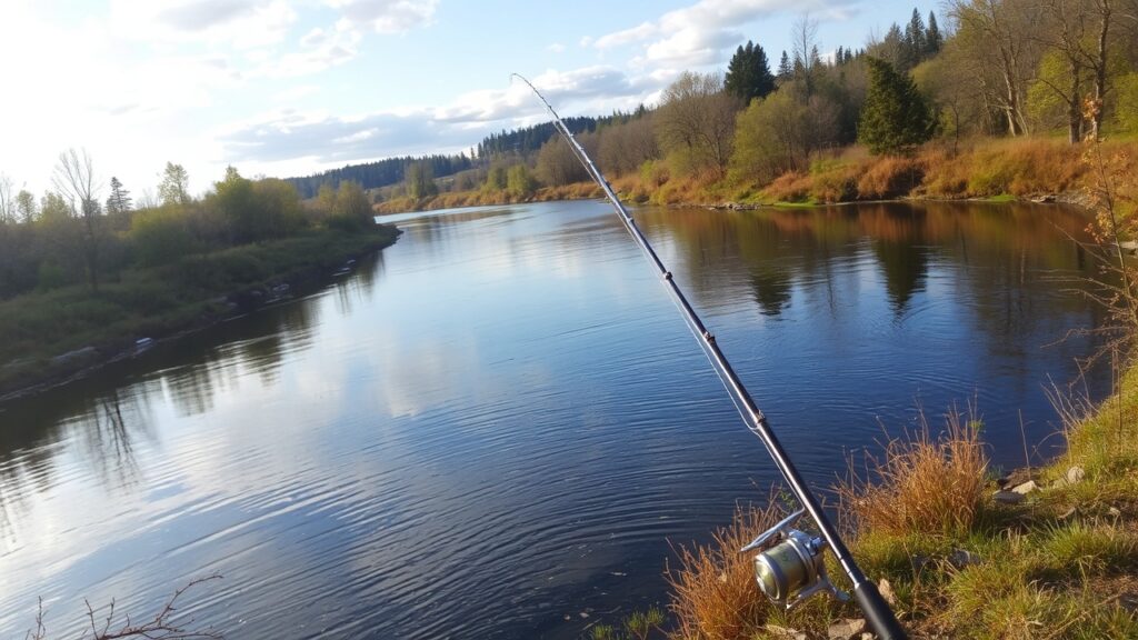 A scenic view of a river with a fishing rod propped up on the bank.