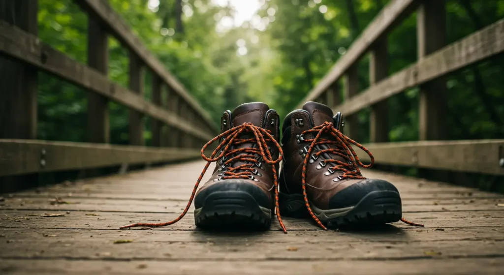 A pair of hiking boots resting on a wooden bridge in a forest.