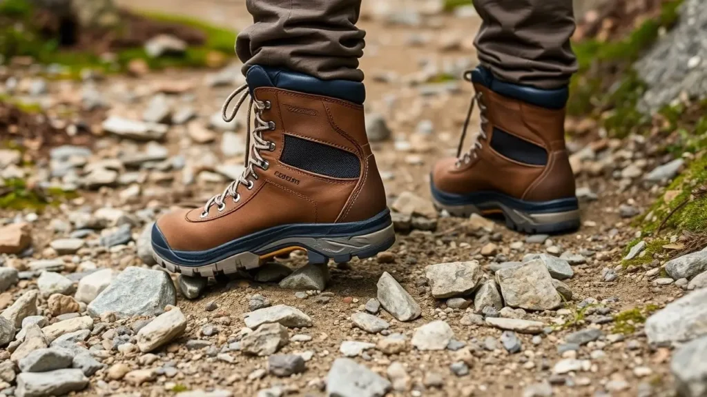 A pair of sturdy hiking boots on a rocky trail.