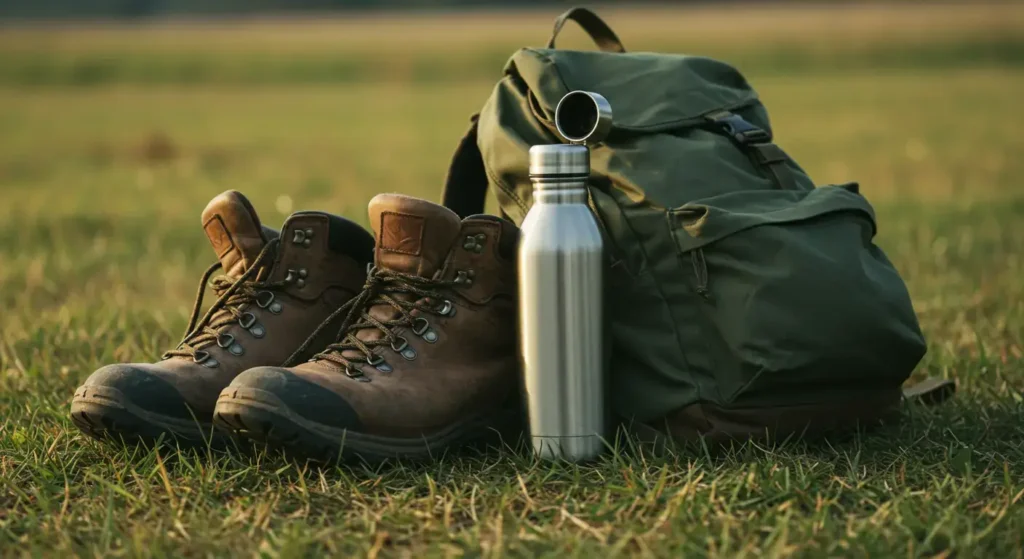 A pair of sturdy hiking boots on a rocky trail.