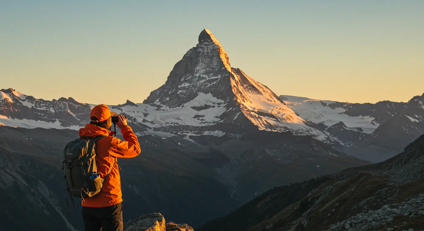 A person looking through binoculars at a distant mountain.